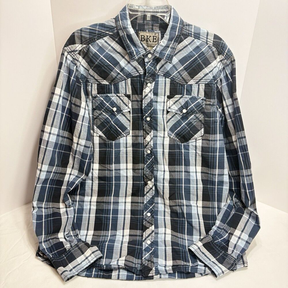 BKE Buckle Men’s L Pearl Snap Blue Plaid Long Sleeve Athletic Fit Western Shirt